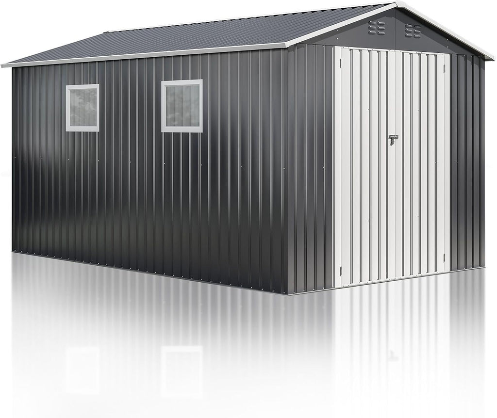 DAUSOLA 8x11.6 FT Outdoor Storage Shed, Metal Garden Tool Shed with Updated Frame Structure, Lockable Doors and Windows, Ideal for Backyard Garden Patio Lawn, Grey