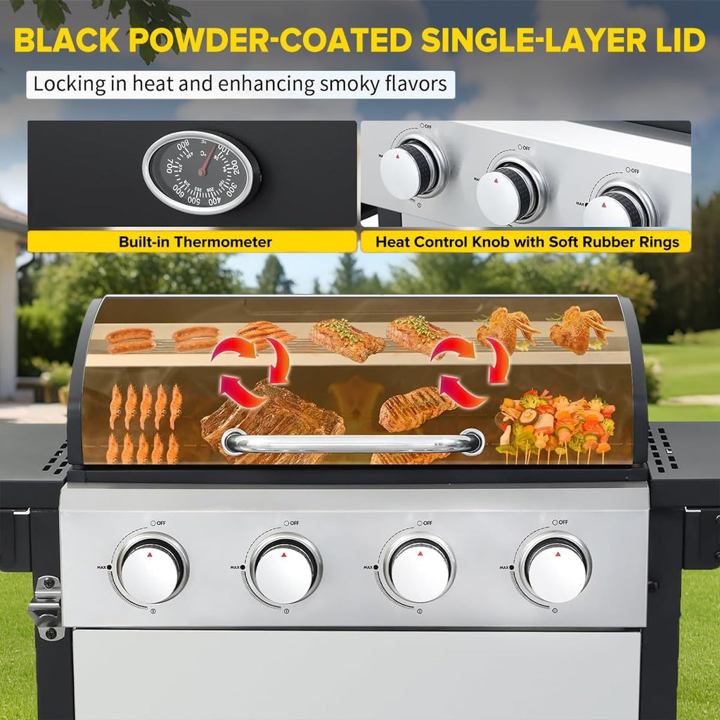 CIG GARDEN 4-Burner Propane Gas Grill, 42,000 BTU Stainless Steel BBQ with Foldable Side Tables, Outdoor Grill for Patio, Garden, Backyard & Camping