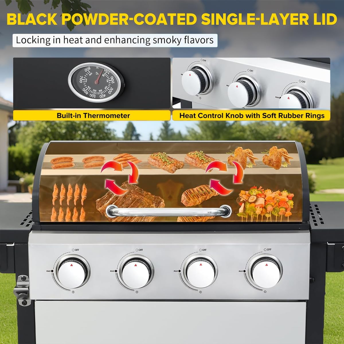 CIG GARDEN 4-Burner Propane Gas Grill, 42,000 BTU Stainless Steel BBQ with Foldable Side Tables, Outdoor Grill for Patio, Garden, Backyard & Camping
