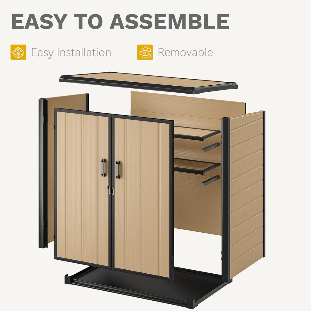 DWVO Outdoor Storage Shed 54 cuft with 2 Shelves, 4.2x2.6x5ft Vertical Tool Shed with Floor & Lockable Doors, Sturdy Double-Wall Plastic Cabinet for Garbage Cans and Garden Storage, Brown