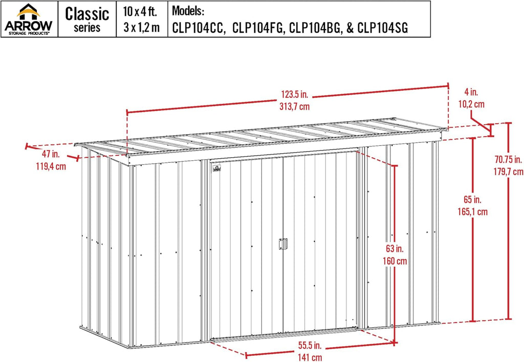Arrow Classic 10' x 4' Outdoor Padlockable Steel Storage Shed Building, Flute Grey