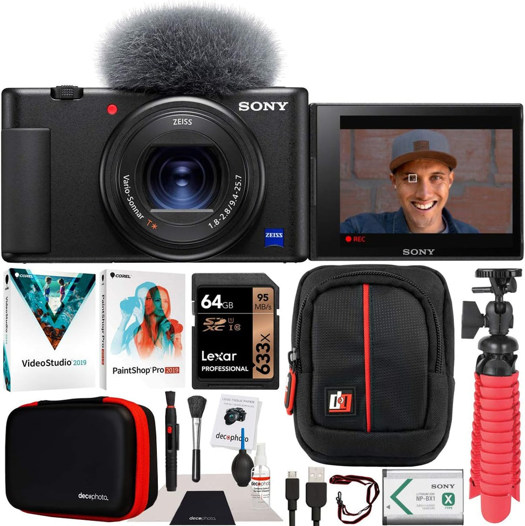 Sony ZV-1 Compact Digital Vlogging 4K Video Camera for Content Creators & Vloggers DCZV1/B | Official Sony USA Partner Model | Bundle with Deco Gear Case + Software Kit + 64GB Card + Compact Tripod