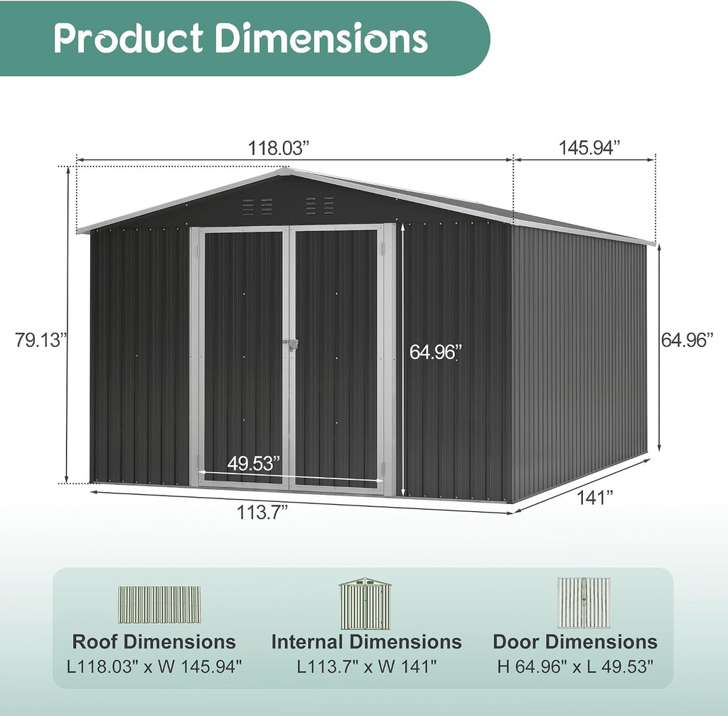 YOPTO 10x12 FT Outdoor Storage Shed,Metal Shed W/Updated Frame Structure,Garden Shed W/Lockable Door,2 Air Vents & Sloped Roof,for Backyard,Patio,Lawn,Black