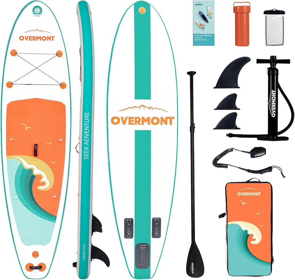 Overmont Inflatable Stand Up Paddle Board with Premium SUP Accessories, 10'6'' Wide Durable Design, Non-Slip Stable Deck for Youth & Adults of All Skill Levels, Leash Paddle & Pump Included
