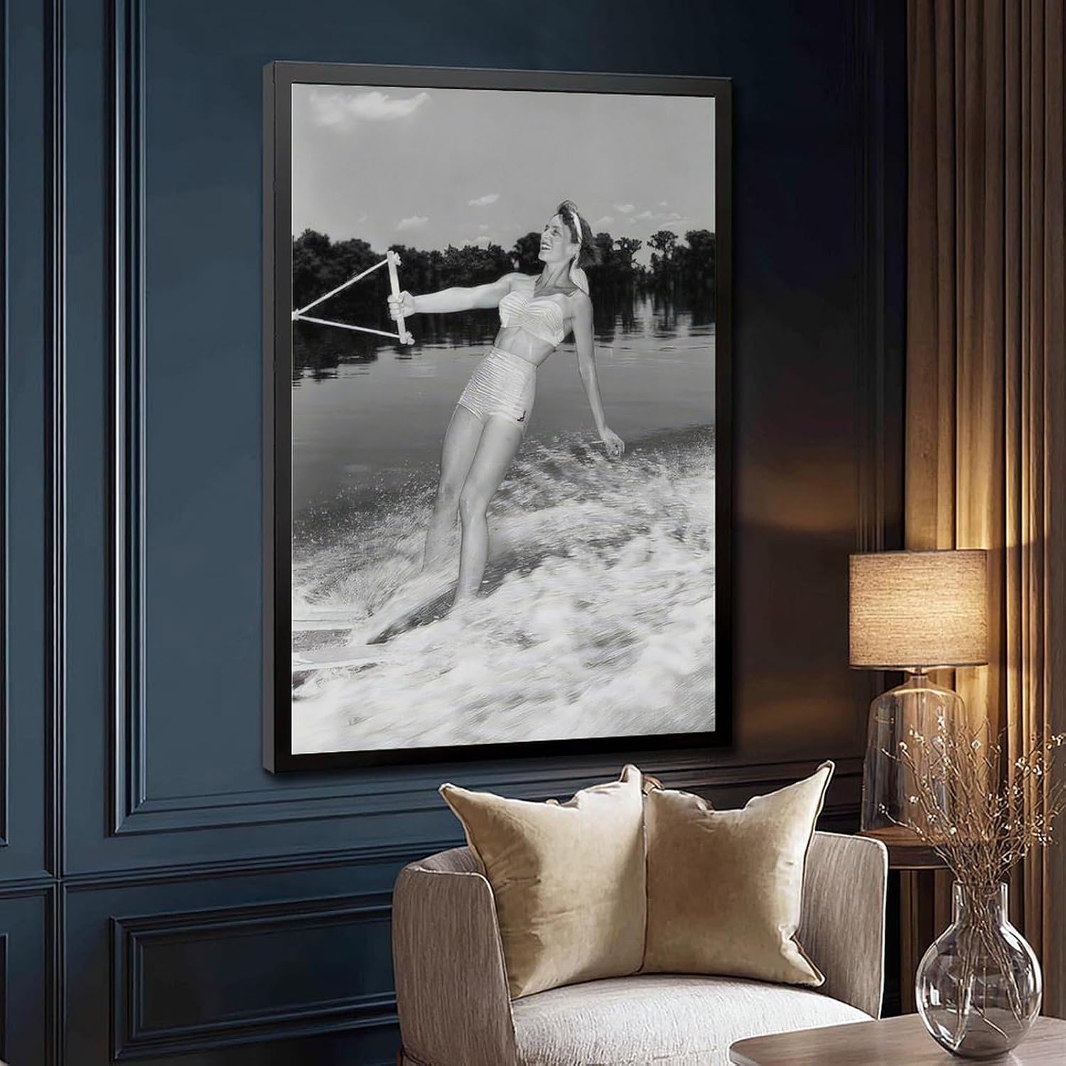 Woman Water Skiing on Lake, Vintage 1950s Photo, Funny, Black And White Poster Canvas Poster Wall Art Decor Print Picture Paintings for Living Room Bedroom Decoration Black Frame 24x36in(60x90cm)