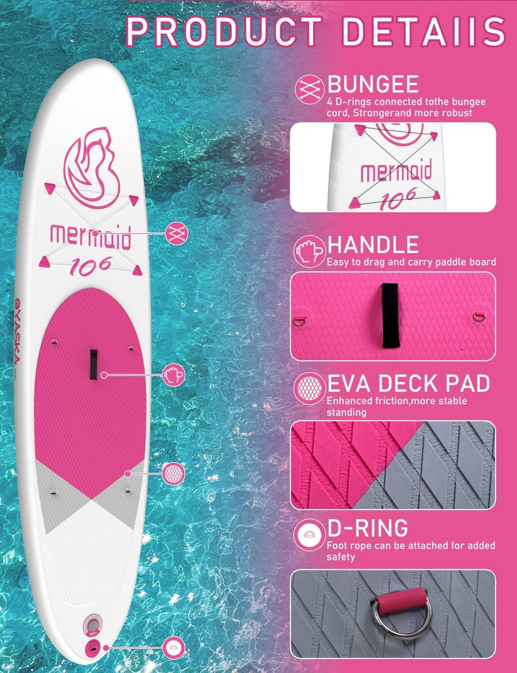 YASKA Inflatable Stand up Paddle Board 11ft with Premium SUP Accessories,Extra Wide Design Non-Slip Paddleboard for Beginner Adults Advenor Yoga Fishing