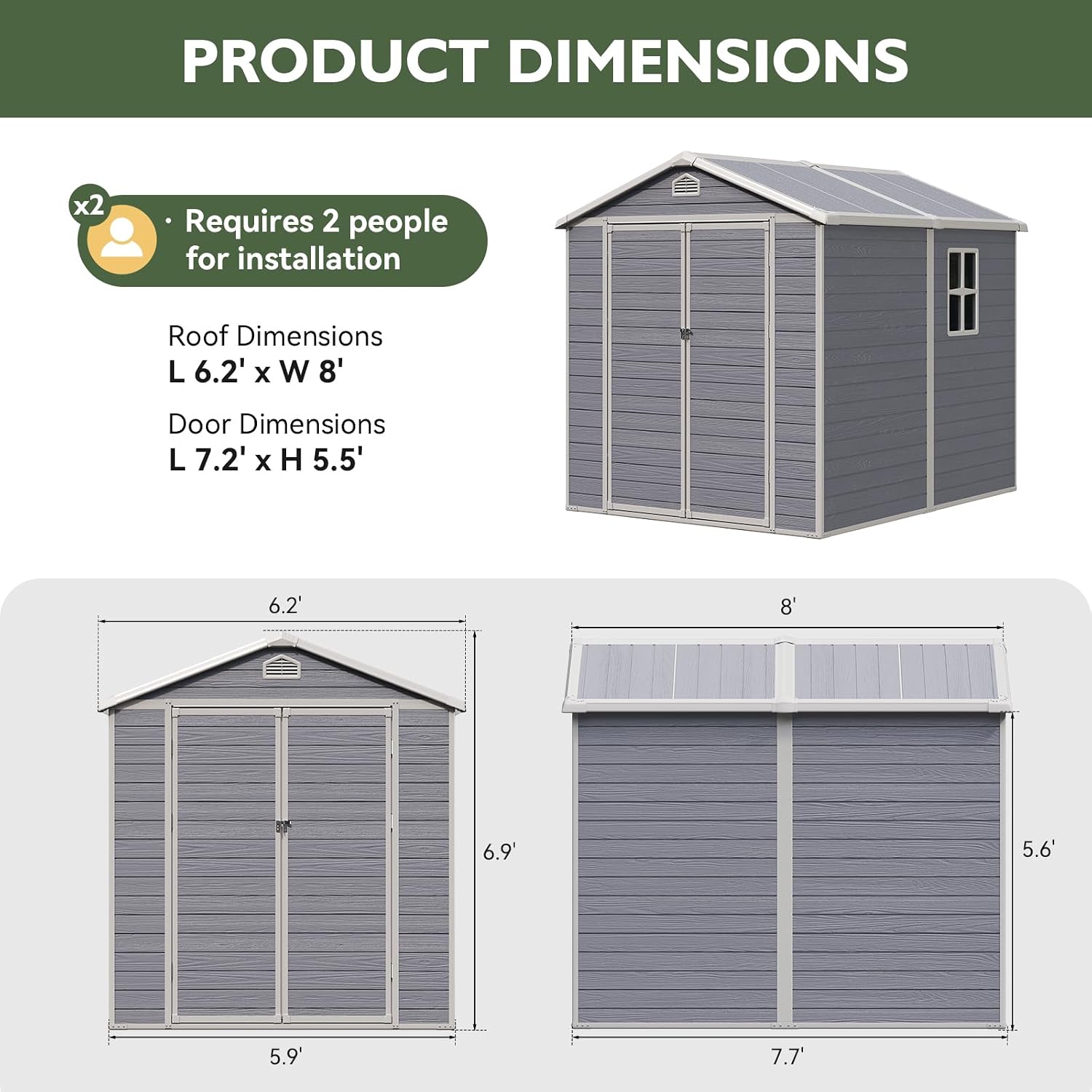 Aoxun 6×8 FT Outdoor Storage Shed, Resin Shed with Reinforced Floor, All-Weather Plastic Tool Storage with Lockable Door, Window & Vents for Garden, Patio, Bike & Garbage Can, Light Gray