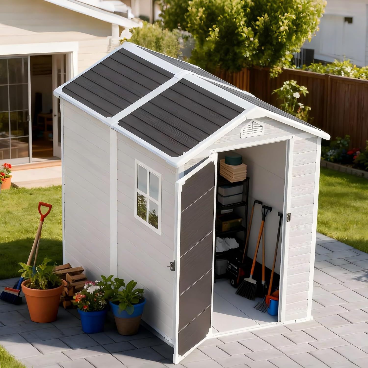 4x6 FT Plastic Outdoor Storage Shed with Floor and Lockable Door, All-Weather Resin Storage Shed Easy to Install, Plastic Sheds & Outdoor Storage for Garden Backyard, Patio, Dove Grey