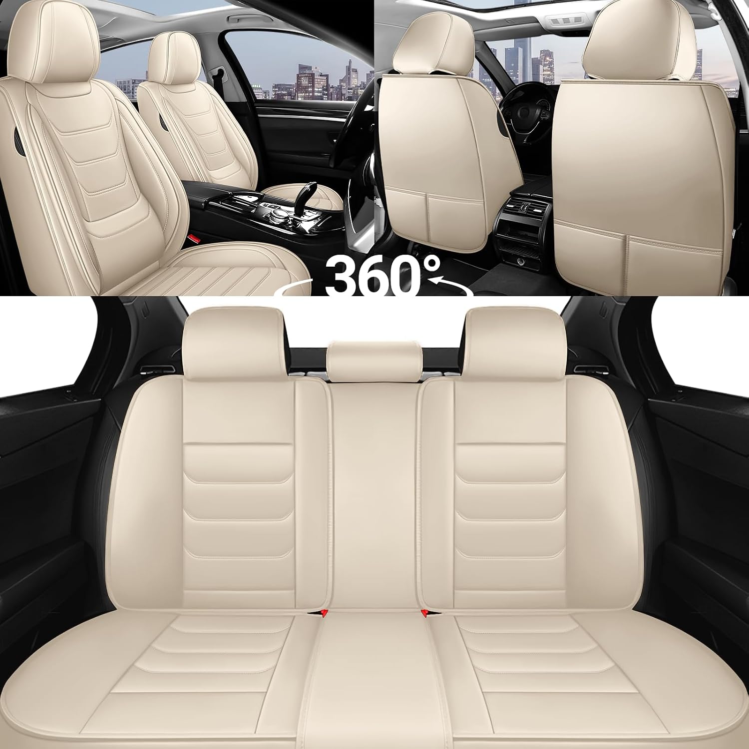 DHAEY Car Seat Covers for Volkswagen Atlas 2018-2025, Family Seat Covers, Nappa Leather, Wear-Resistant, Anti-Slip, Waterproof, 5PCS Full Set, Beige