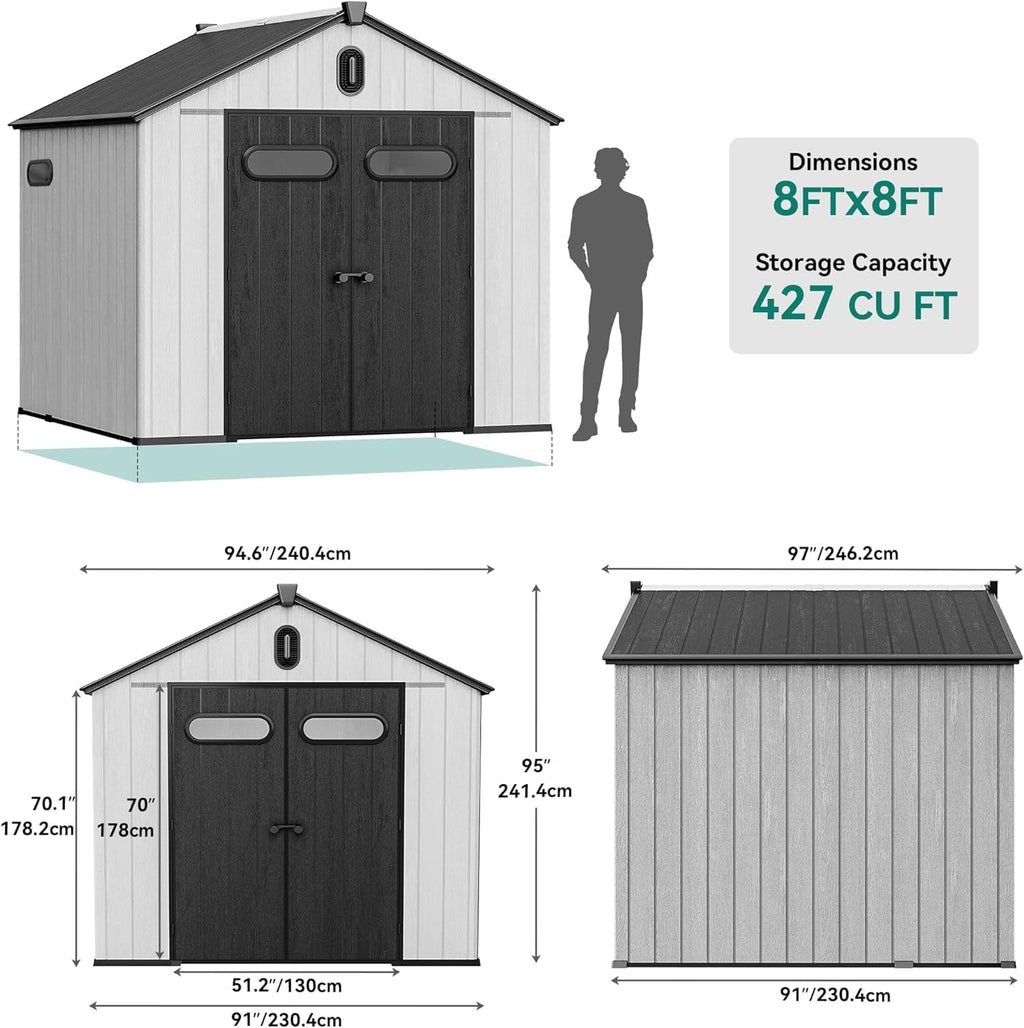YITAHOME 8x8ft Outdoor Storage Shed with Floor, 427 cuft Waterproof Plastic Garden Shed with Lockable Door, Windows & Vents, Plastic Tool Storage for Patio Furniture, Lawn Mower, Bike Storage, Gray
