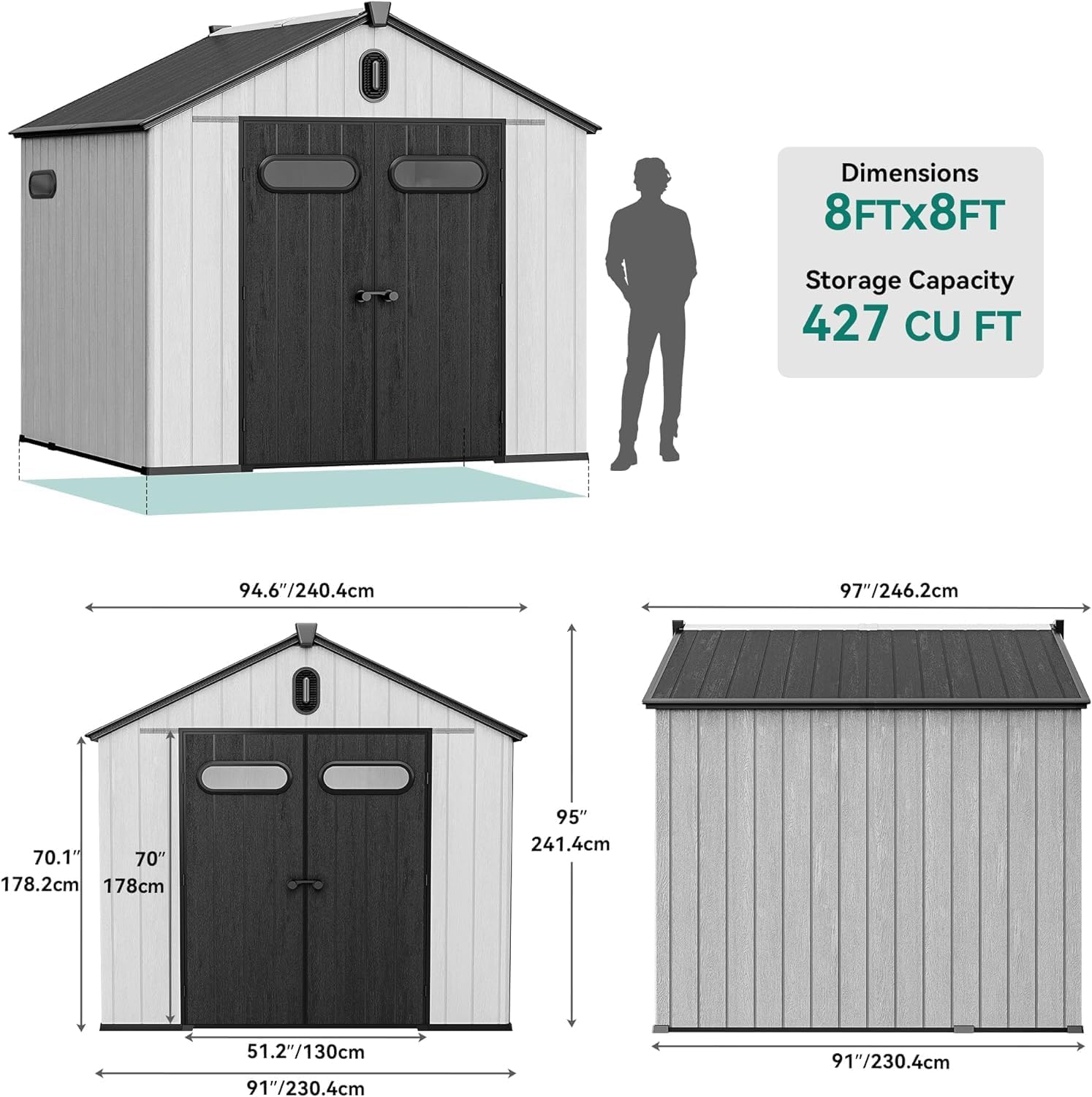 YITAHOME 8x8ft Outdoor Storage Shed with Floor, 427 cuft Waterproof Plastic Garden Shed with Lockable Door, Windows & Vents, Plastic Tool Storage for Patio Furniture, Lawn Mower, Bike Storage, Gray