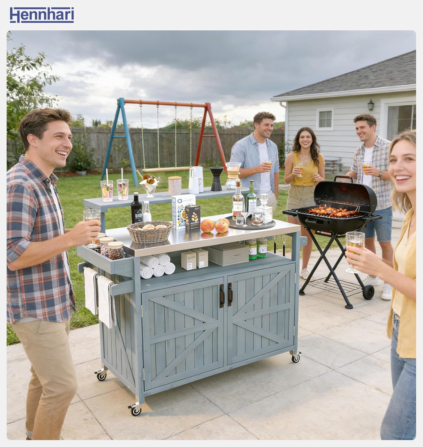 Outdoor Kitchen Island with Stainless Steel Top & Raised Shelf, Rolling Grill Cart with Spice & Towel Rack, Outdoor Island Table with Storage Cabinet & Hooks (Greyblue)