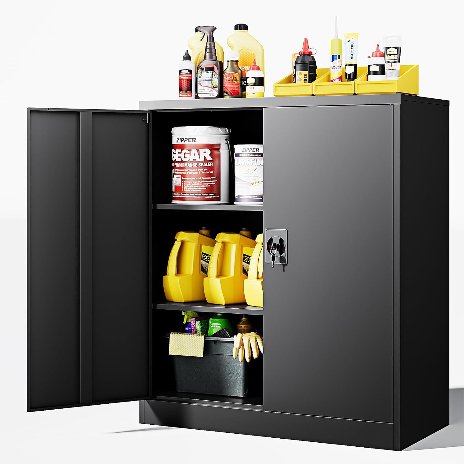 Letaya Metal Storage Cabinets with Lock Door,2 Adjustable Shelves Organizer Steel Storage Cabinets for Home,Office,Warehouse,Garage,Employee Lockers(Black)