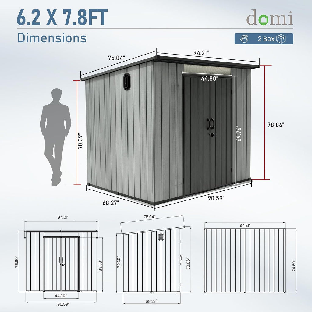 Domi 6x8FT Outdoor Resin Storage Shed, All-Weather Double-Wall Storage Building with Sloping Roof for Backyard, Garden, Lawn Tools, Mower, Bike & Pool Equipment, Lockable Doors, Ventilated Roof
