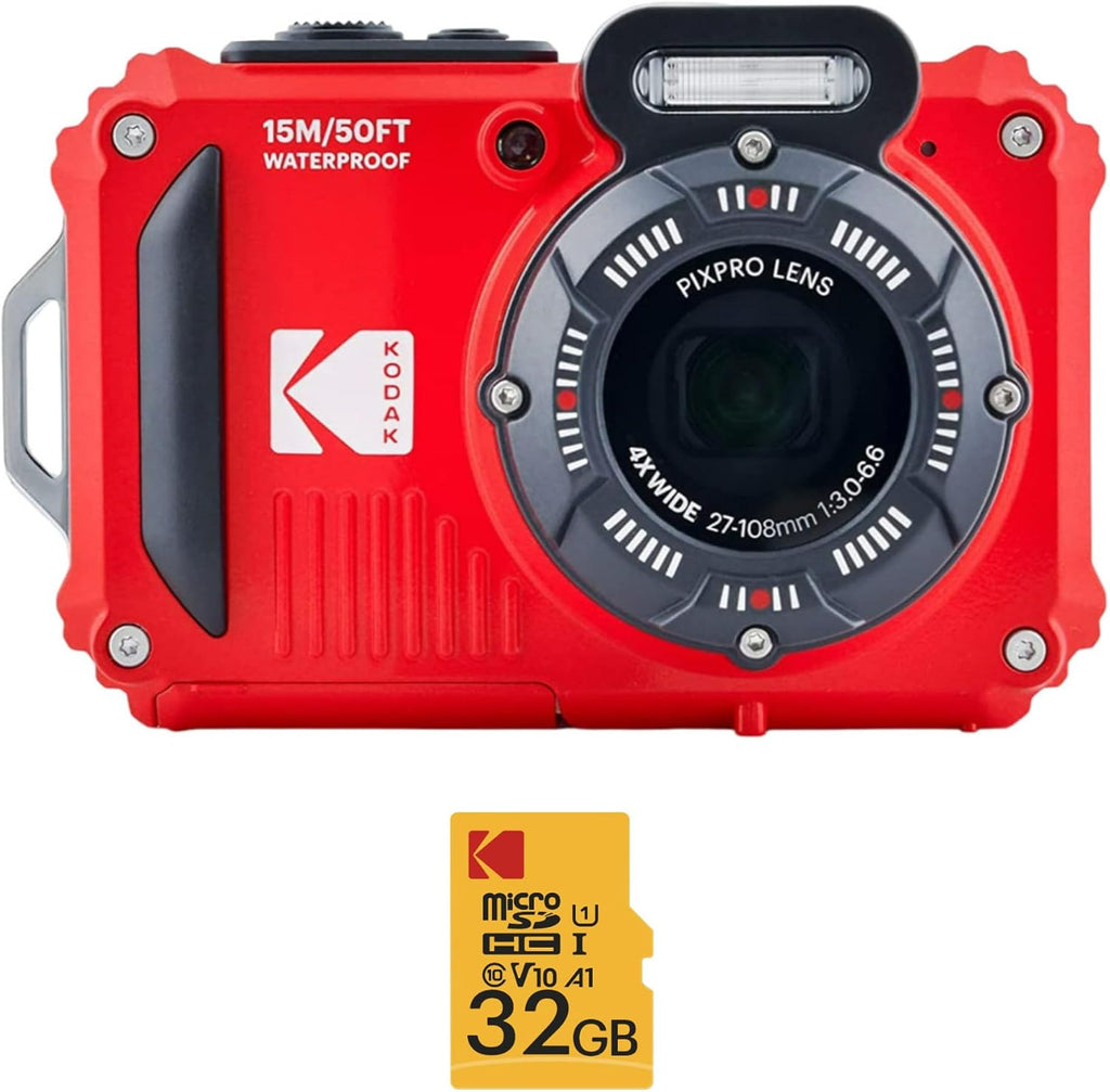 Kodak PIXPRO WPZ2 Rugged Waterproof 16MP Digital Camera with 4X Optical Zoom (Red) and 32GB microSDHC Card with Adapter Bundle (2 Items)