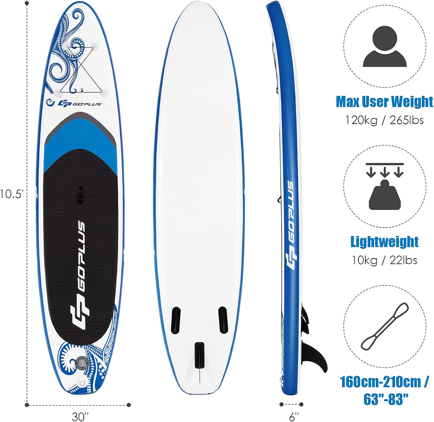 Goplus Inflatable Stand Up Paddle Board, 10FT/10.5FT/11FT SUP with Accessory Pack, Adjustable Paddle, Carry Bag, Fin, Hand Pump, Leash, Repair Kit