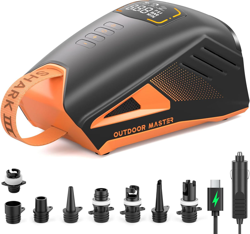 OutdoorMaster Shark 3 Paddle Board Pump Electric - 3'50' Fast Inflation, 20PSI 74Wh Rechargeable SUP Air Pump- Auto-Off & Deflation, 12V/15.8V DC & Type-C Input, 8 Nozzles for Inflatables, Boats,Kites