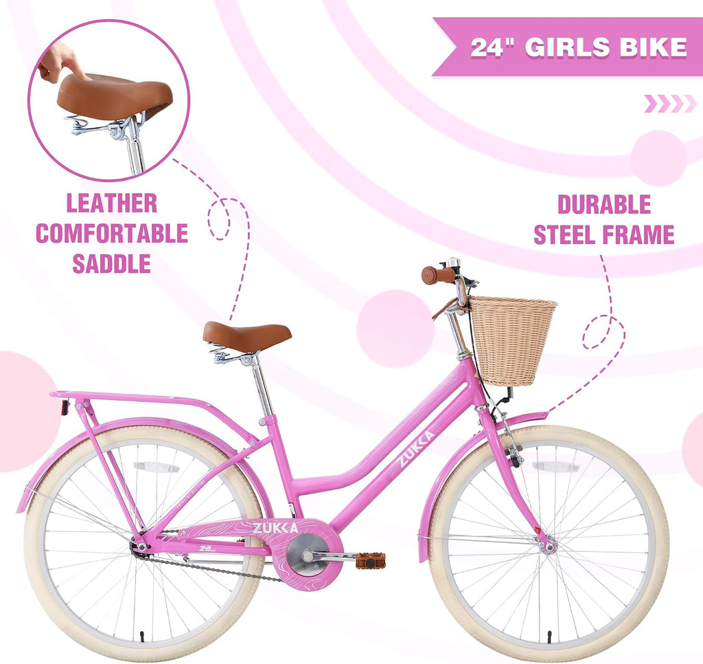 MEGHNA Cruiser Bike 24inch Wheels Girls Women Bike Single Speed Commuter Bike V-Brake and Coast Brake Women Ladys Bicycle, Multicolors