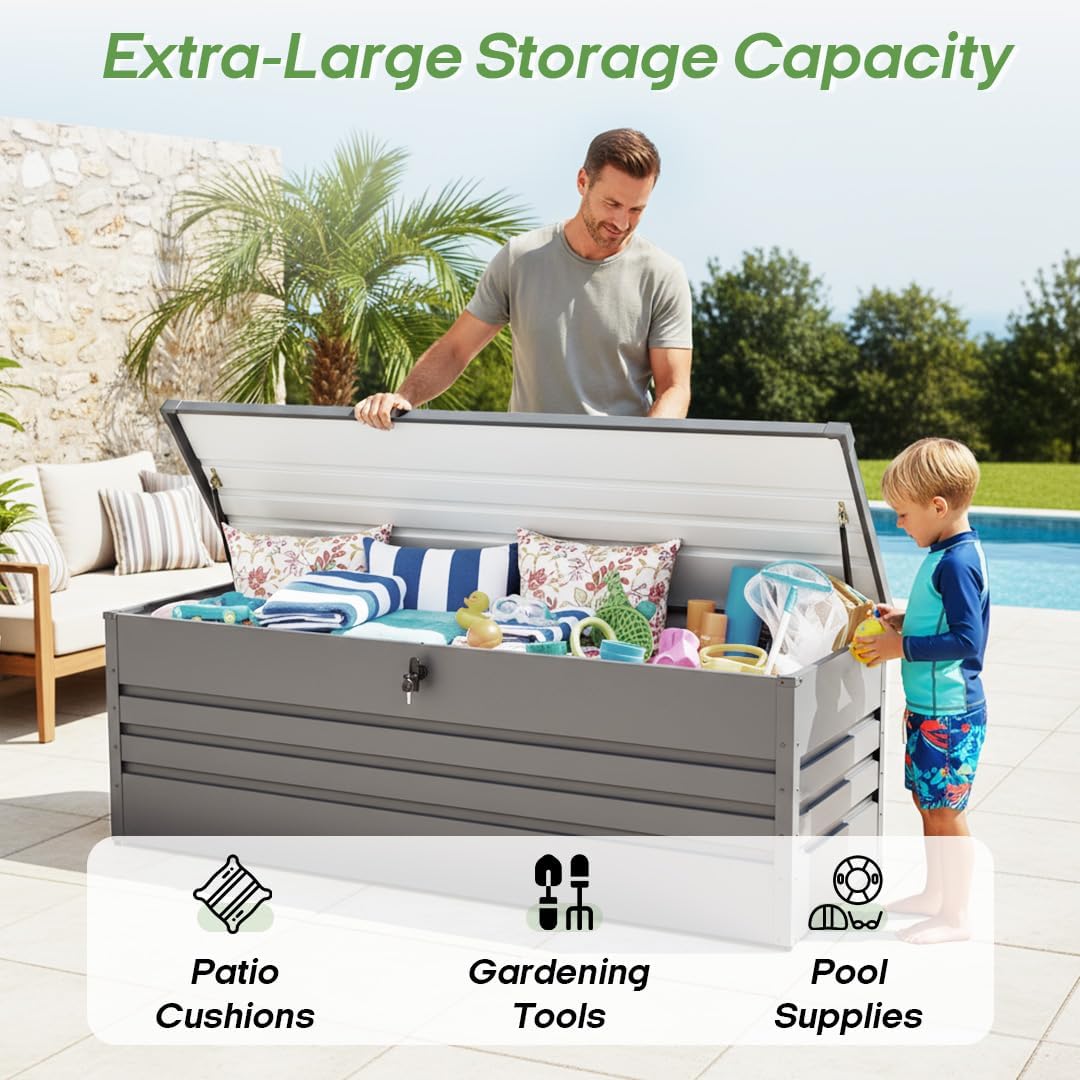 260 Gallon Waterproof Outdoor Storage Box, Extra Large Outside Metal Deck Storage Box for Patio Cushions, Garden Tools, Pool Supplies, Light Gray