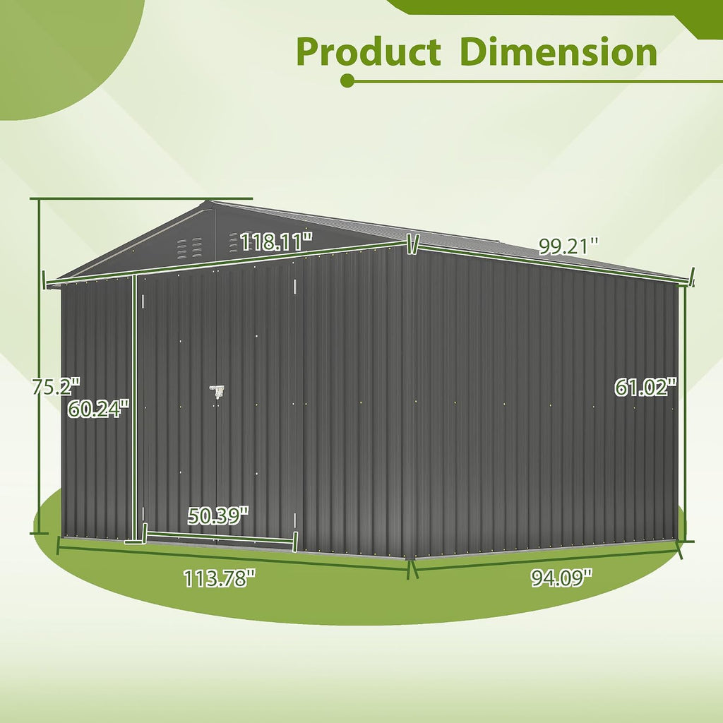 8x10 FT Outdoor Storage Shed, Metal Garden Shed with Frame Floor, Outside Tool Shed with Lockable Hinged Doors, Waterproof Storage Building with Sloped Roof for Backyard, Patio, Lawn, Black