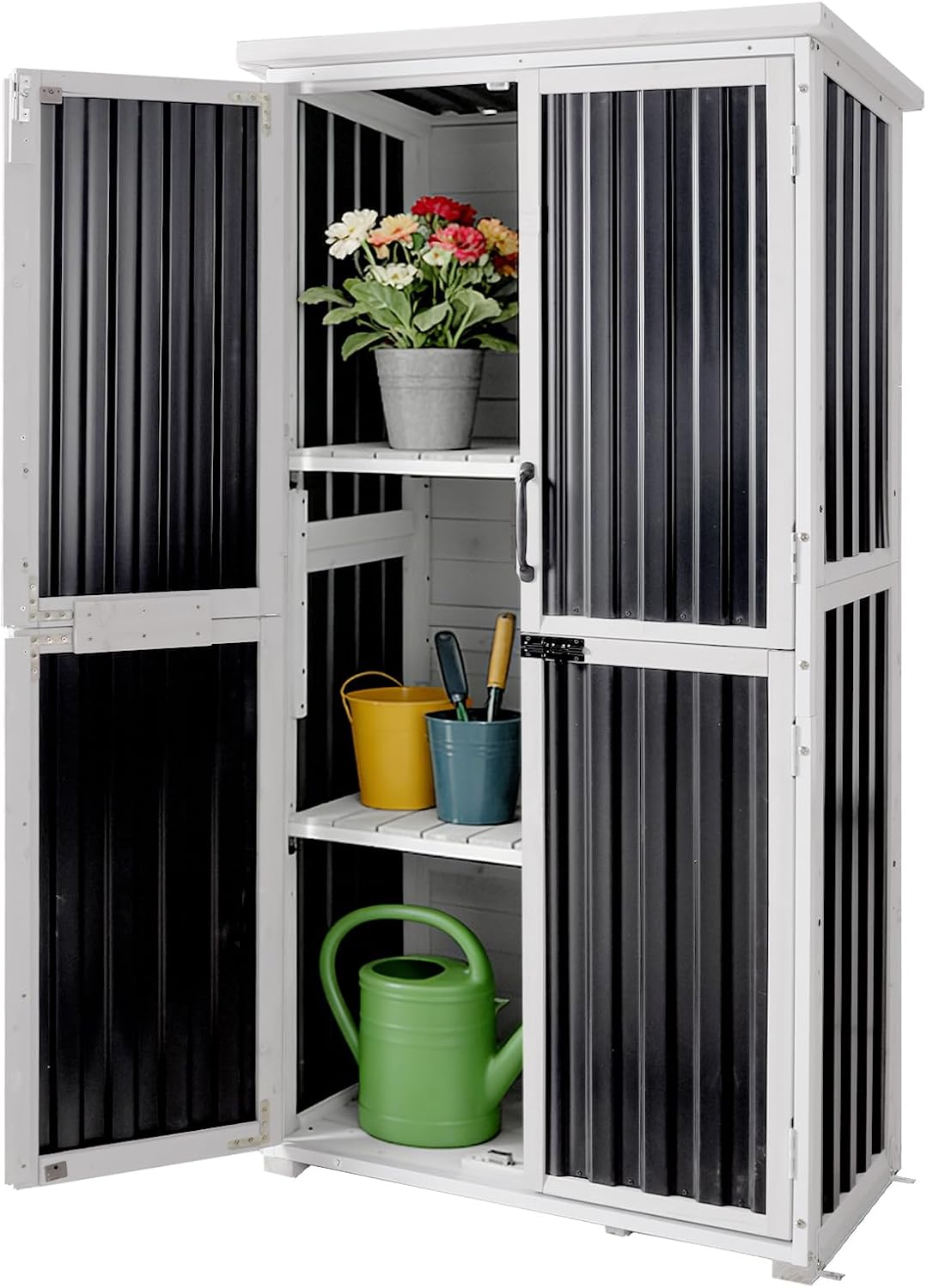 Aivituvin Outdoor Storage Shed with Wood and Metal Frame, Garden Sheds with Waterproof Plastic Roof, Adjustable Shelves and Ventilated Blinds, Garden Tool Cabinets for Outdoor (Black, Plastic)