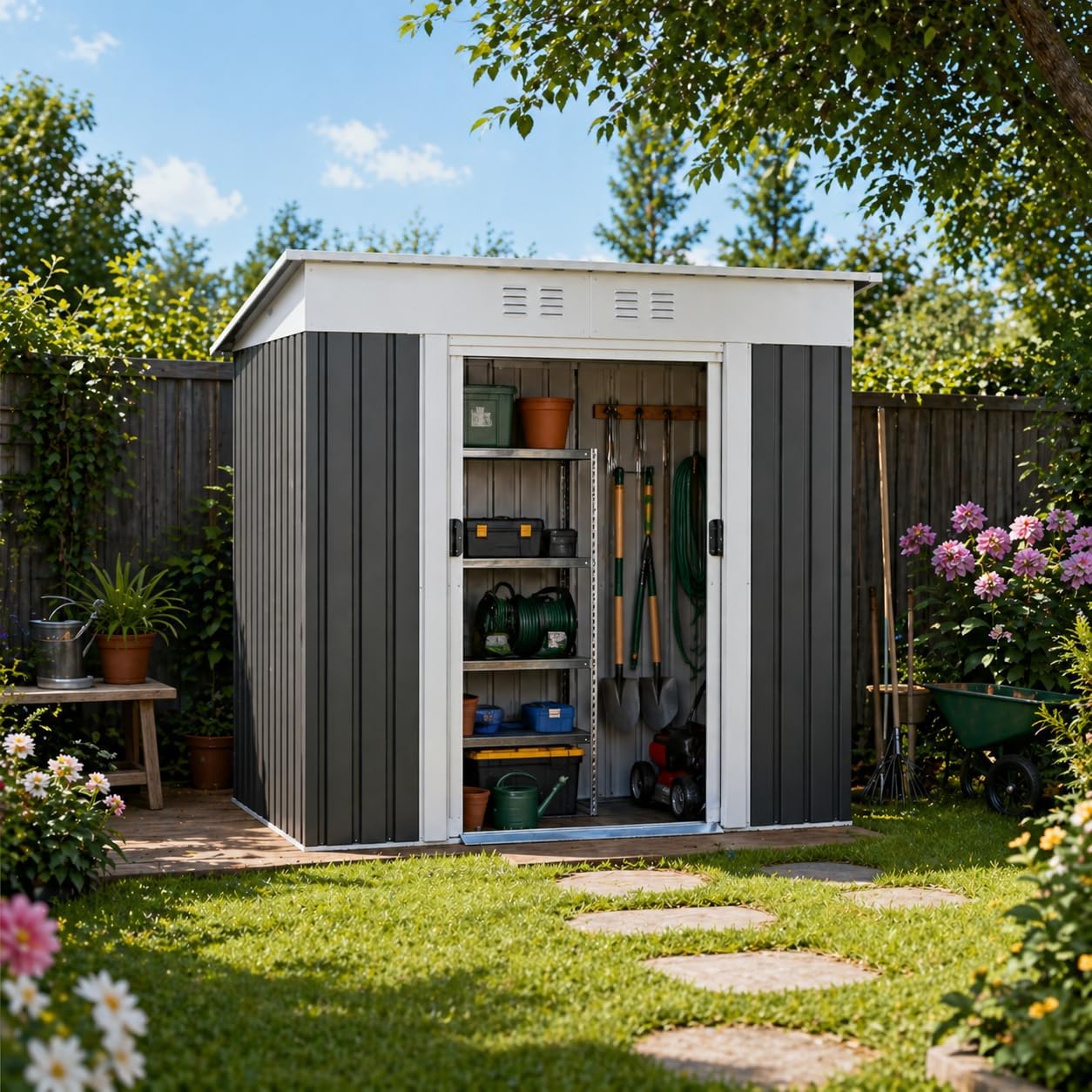 6x4 FT Outdoor Metal Garden Shed with Sliding Door, Heavy Duty Patio Storage Shed for Backyard Lawn Tools, Weather Resistant Steel Frame Utility Shed for Outdoor Storage