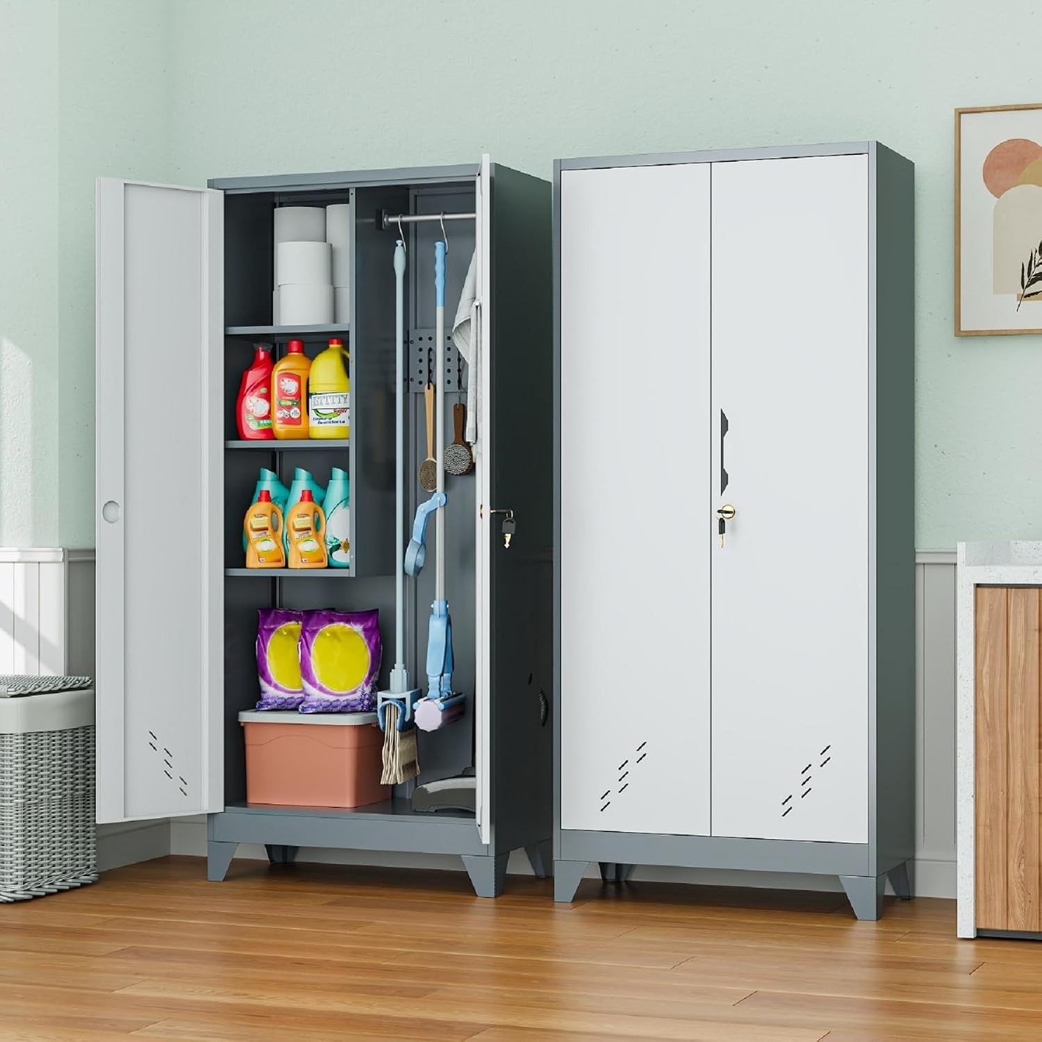 VASAAOSD 61' Broom Closet Storage Cabinet, Metal Storage Cabinet with Doors, Utility Cabinets for Brooms and Mops, Cleaning Tool Cabinets for Garage, Laundry Room, Bathroom (White)