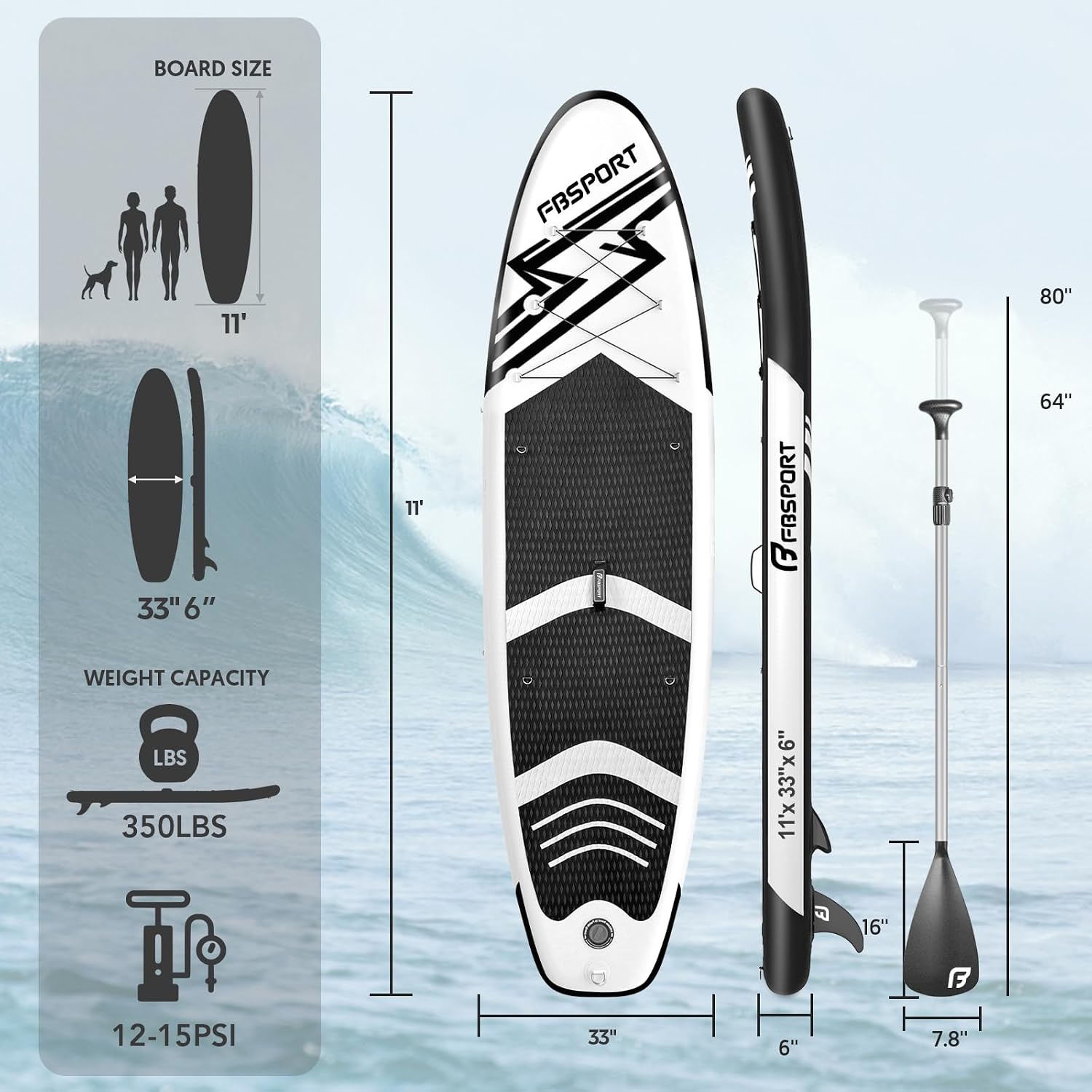 FBSPORT 11' Premium Stand Up Paddle Board, Yoga Board with SUP Accessories & Carry Bag | Wide Stance, Surf Control, Non-Slip Deck, Leash, Paddle and Pump for Youth & Adult