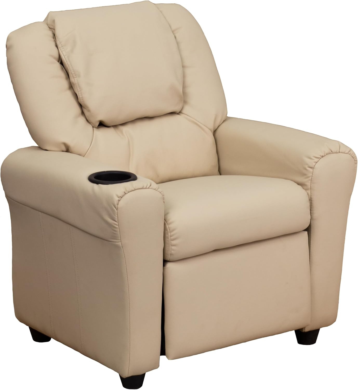 Flash Furniture Vana Vinyl Kids Recliner with Cup Holder, Headrest, and Safety Recline, Contemporary Reclining Chair for Kids, Supports up to 90 lbs., Beige