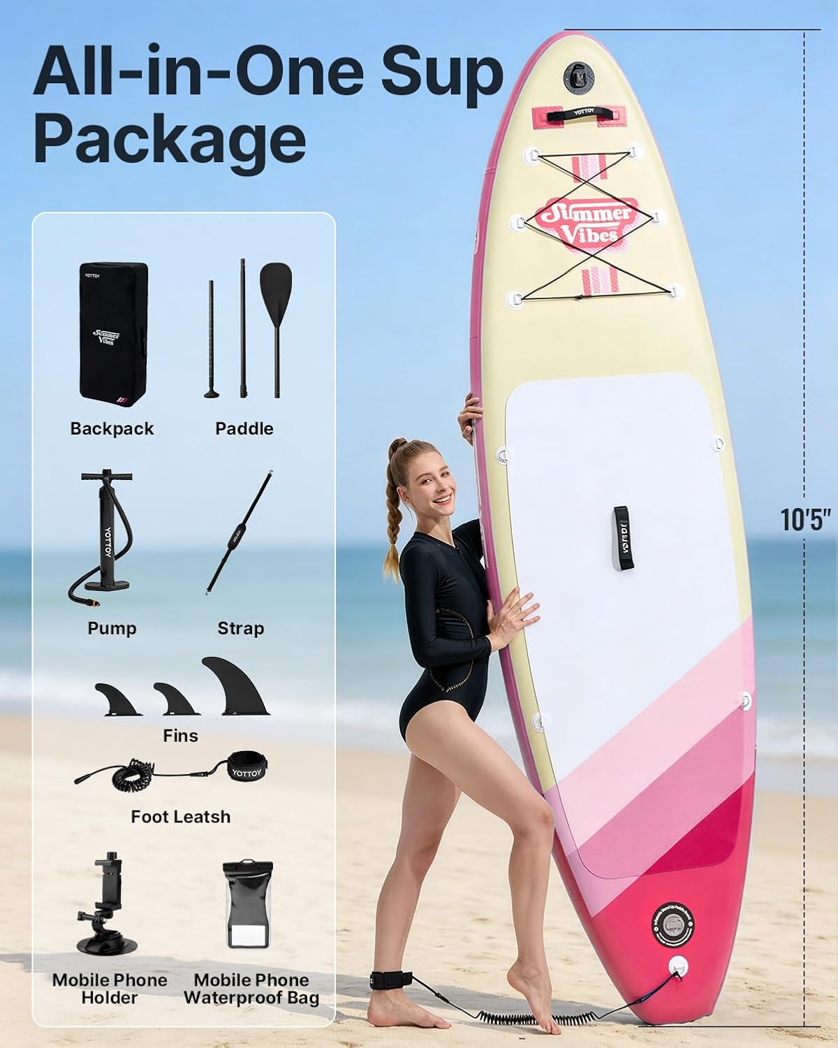 YOTTOY Inflatable Stand Up Paddle Board,Stable Lightweight 10'5' SUP with Non-Slip EVA Deck, Premium Paddleboard Accessories, Three-Fin System & Carry Bag,All-Around Inflatable SUP