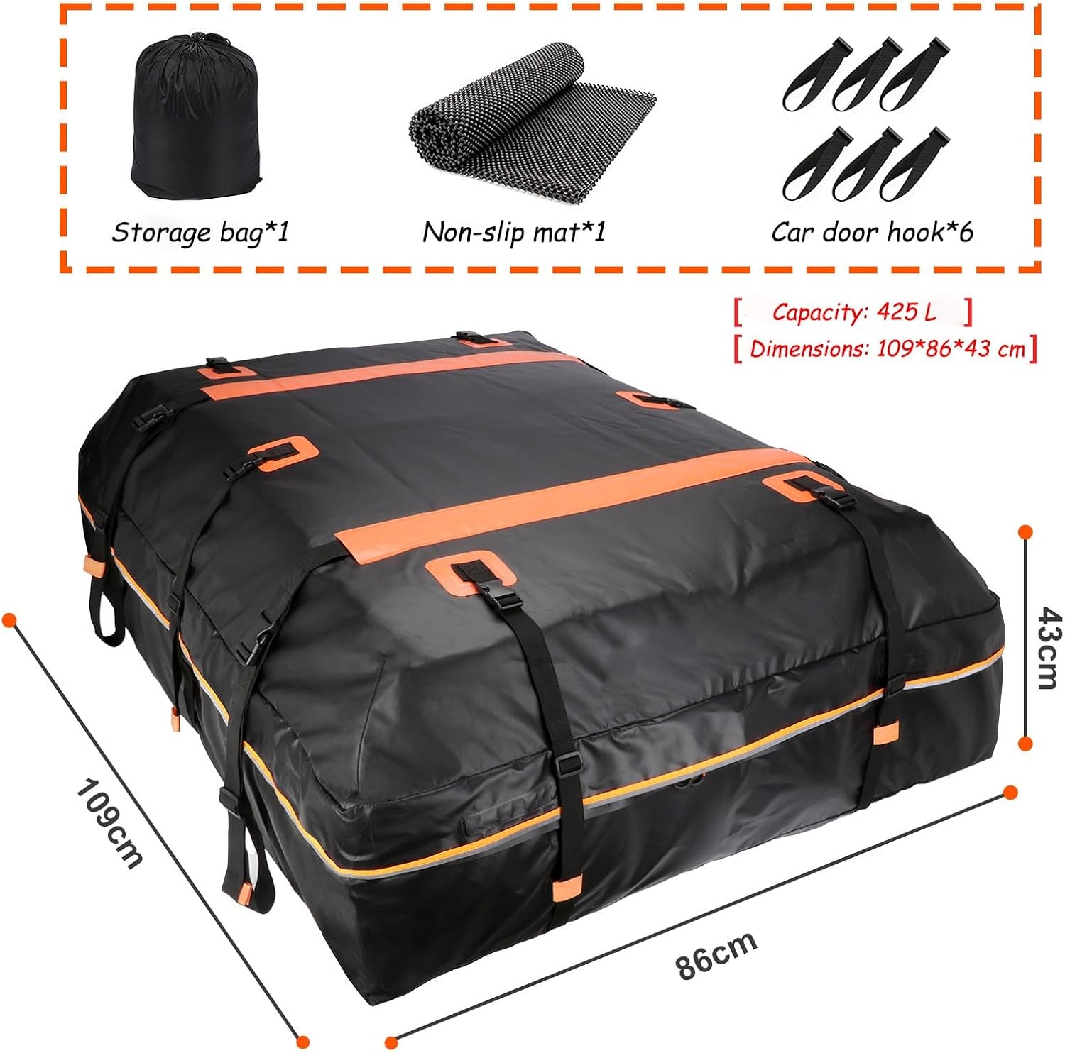 Car Roof Bag Top Cargo Carrier for Volkswagen Atlas SEL (MQB B) 2020-2025, Water-Resistant Strong Fabric Cargo Bag with/Without Rack Foldable for Travel & Camping,425L/109 * 86 * 43cm-Black