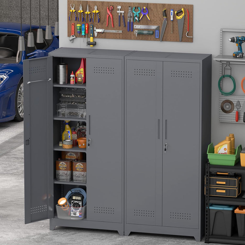 IRONFFICE Metal Garage Storage Cabinets,Metal Broom Closet Storage Cabinet,Utility Cabinets for Brooms and Mops,Steel Tall Cabinet with Shelves for Laundry Room,Bathroom,Home,Grey