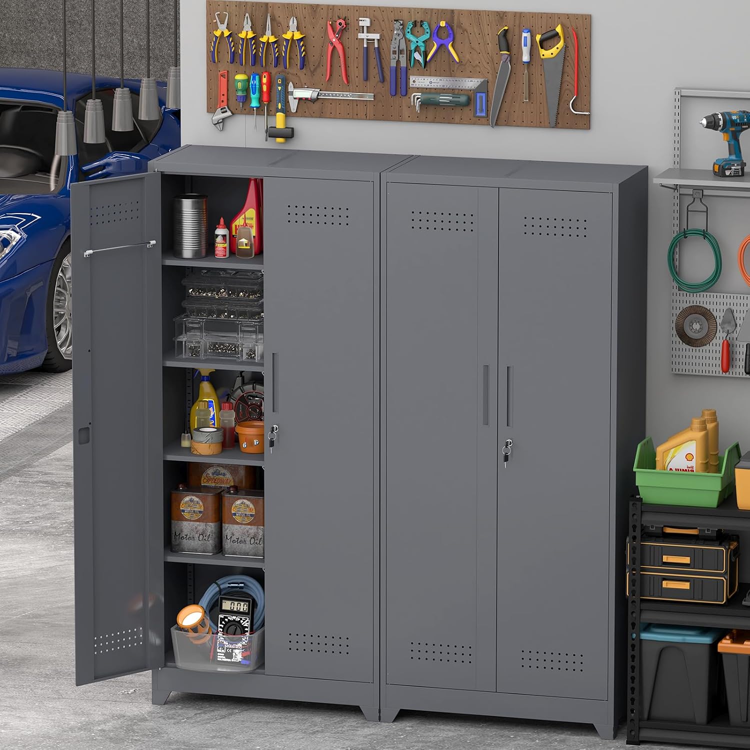 IRONFFICE Metal Garage Storage Cabinets,Metal Broom Closet Storage Cabinet,Utility Cabinets for Brooms and Mops,Steel Tall Cabinet with Shelves for Laundry Room,Bathroom,Home,Grey