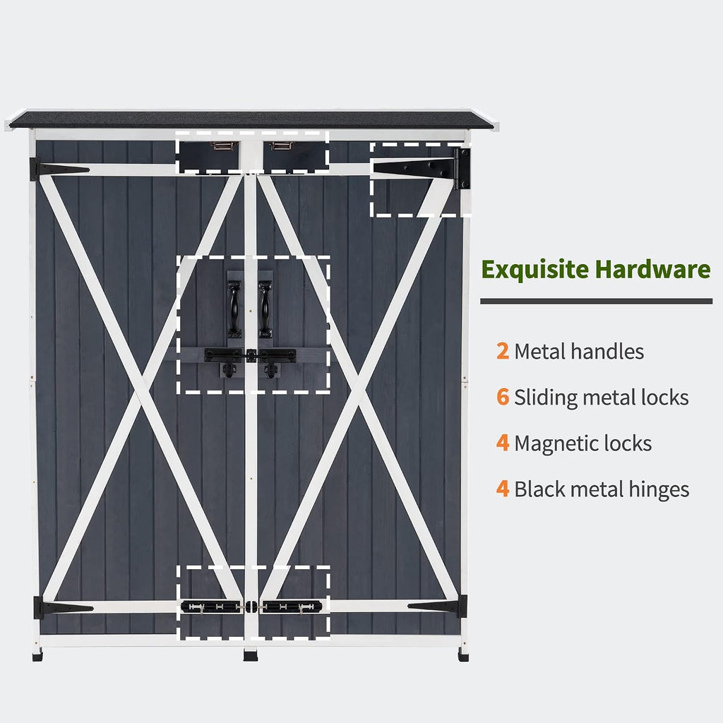 MCombo Outdoor Storage Cabinet with Shelves, Wood Garden Shed with Floor, Outside Tool Shed with 2 Lockable Doors for Backyard Patio Lawn, 1400 (Gray)
