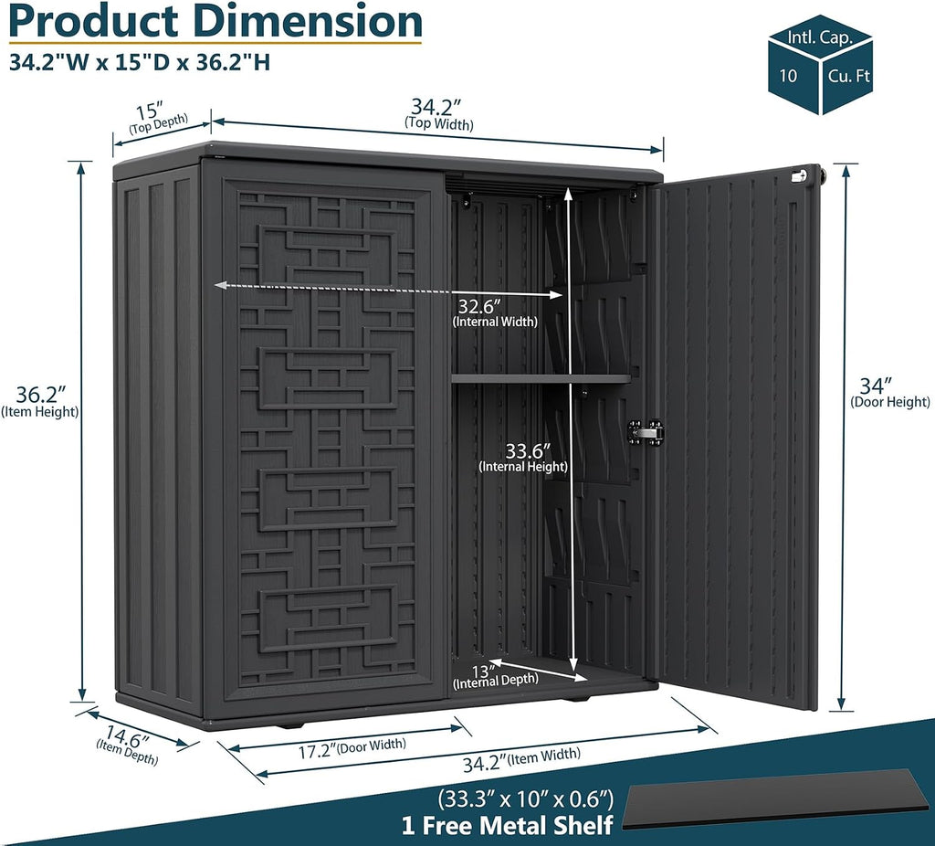 HOMSPARK Indoor/Outdoor Storage Cabinet with Doors and Shelf, 34'x15'x36' HDPE Plastic Storage Box Waterproof for Patio, Garden, Balcony, Multi-Purpose for Daily Tools, Black