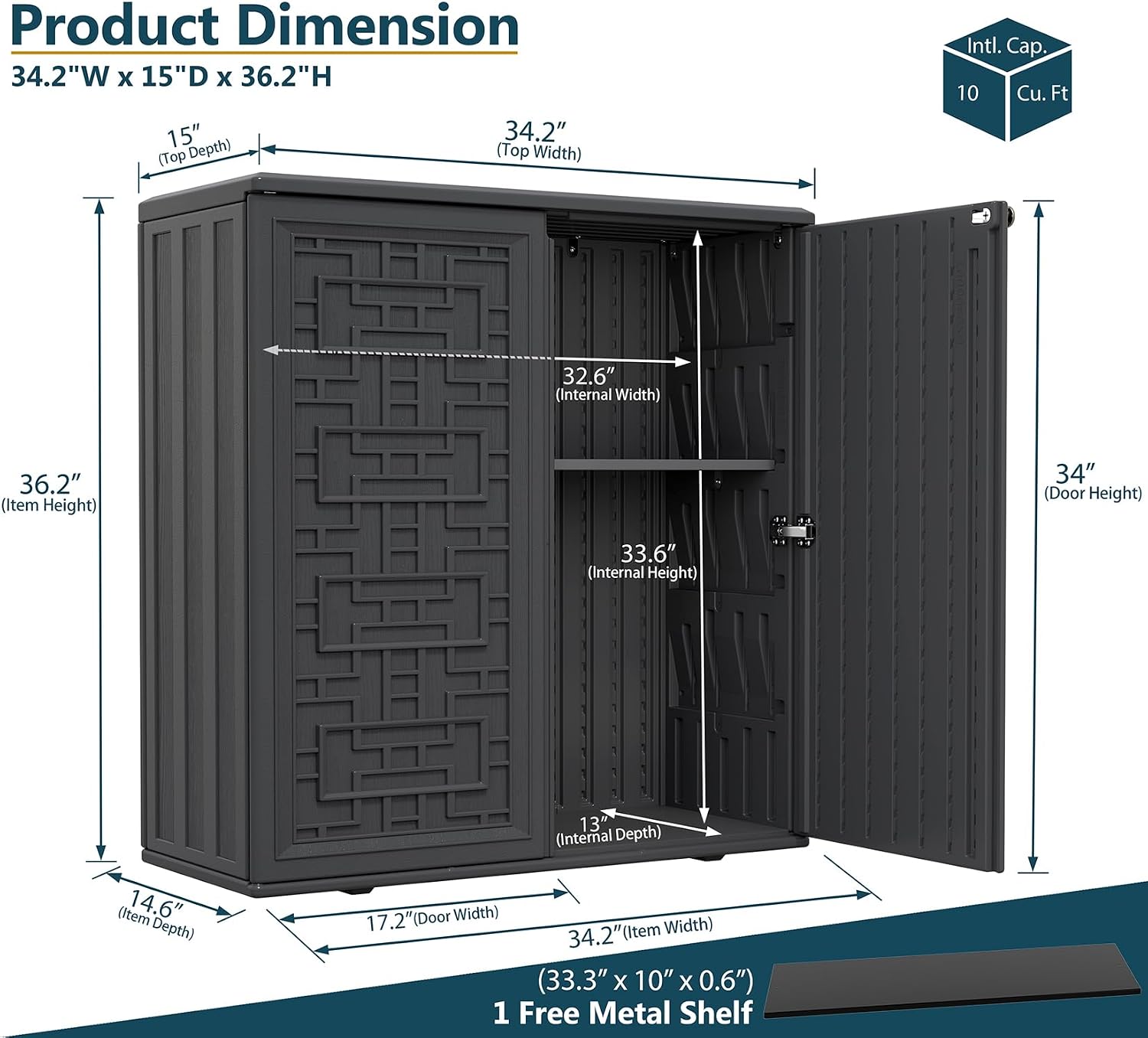 HOMSPARK Indoor/Outdoor Storage Cabinet with Doors and Shelf, 34'x15'x36' HDPE Plastic Storage Box Waterproof for Patio, Garden, Balcony, Multi-Purpose for Daily Tools, Black