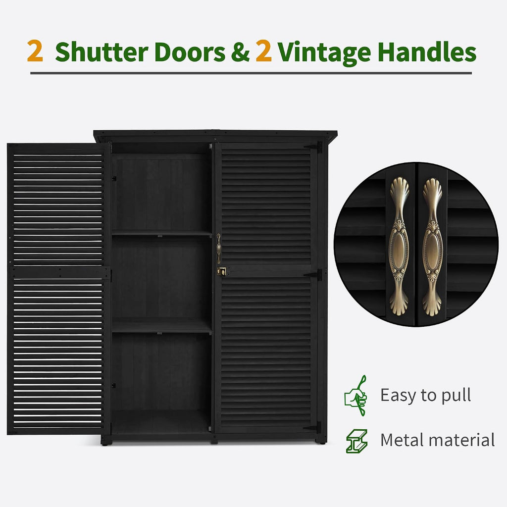 MCombo Outdoor Storage Cabinet, Wooden Storage Shed with Latch, Outside Garden Tool Shed with 2 Doors for Patio Yard Lawn, 1900 (Black, Large)