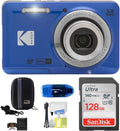 Kodak Pixpro FZ55 Digital Camera Bundle, Includes: SanDisk 128GB Memory Card, Hard Shell Camera Case, SD Card Reader and More (6 Items) (Blue)