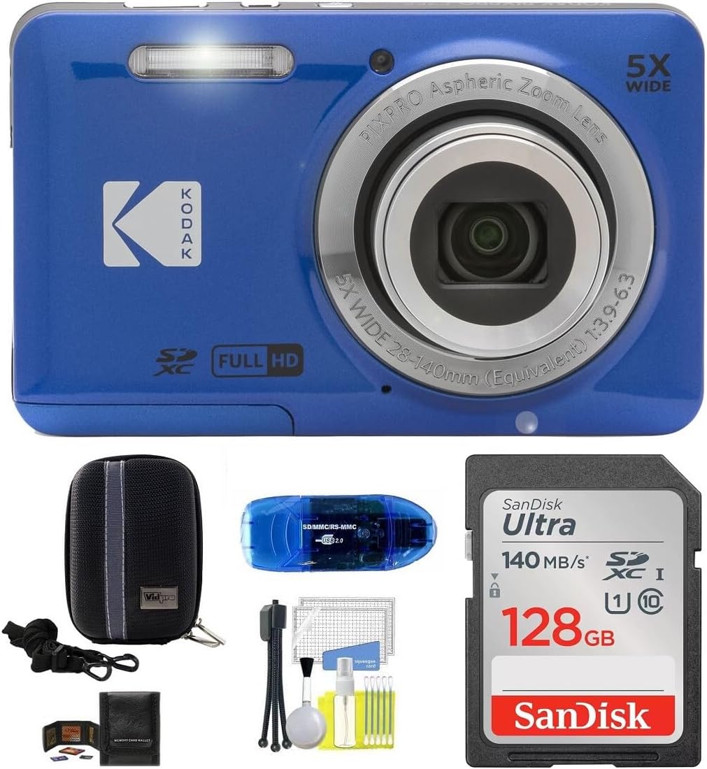 Kodak Pixpro FZ55 Digital Camera Bundle, Includes: SanDisk 128GB Memory Card, Hard Shell Camera Case, SD Card Reader and More (6 Items) (Blue)