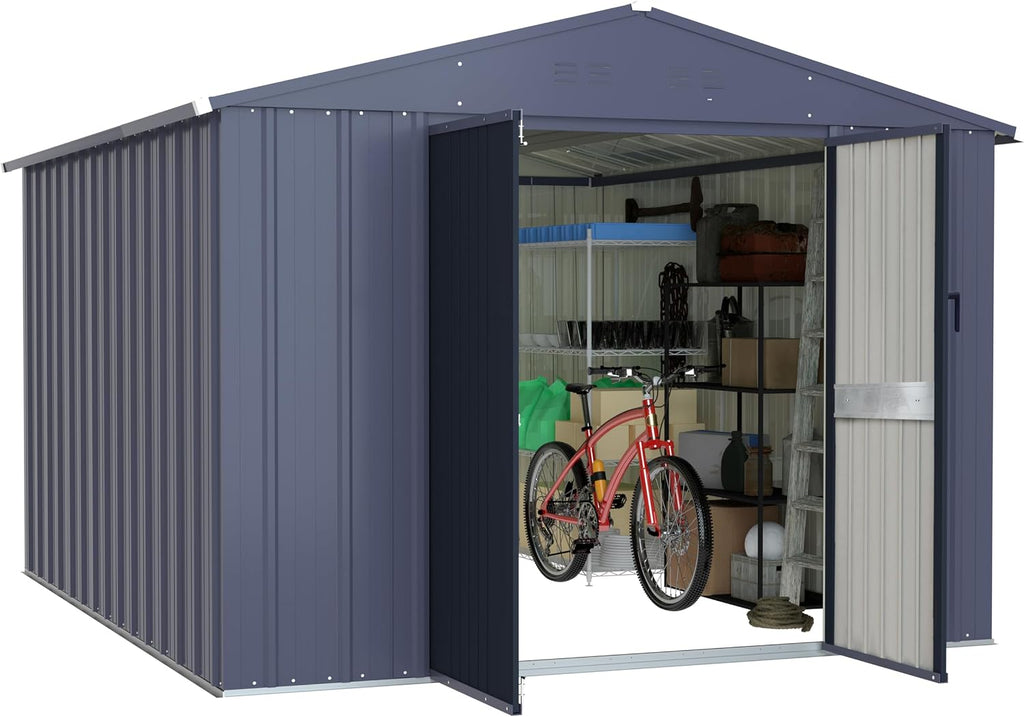 MUPATER 8 x 10 FT Outdoor Storage Shed, Galvanized Metal Garden Tool Shed, Patio Storage House with Double Slooping Roof, Lockable Door and Vents for Patio and Backyard, Grey