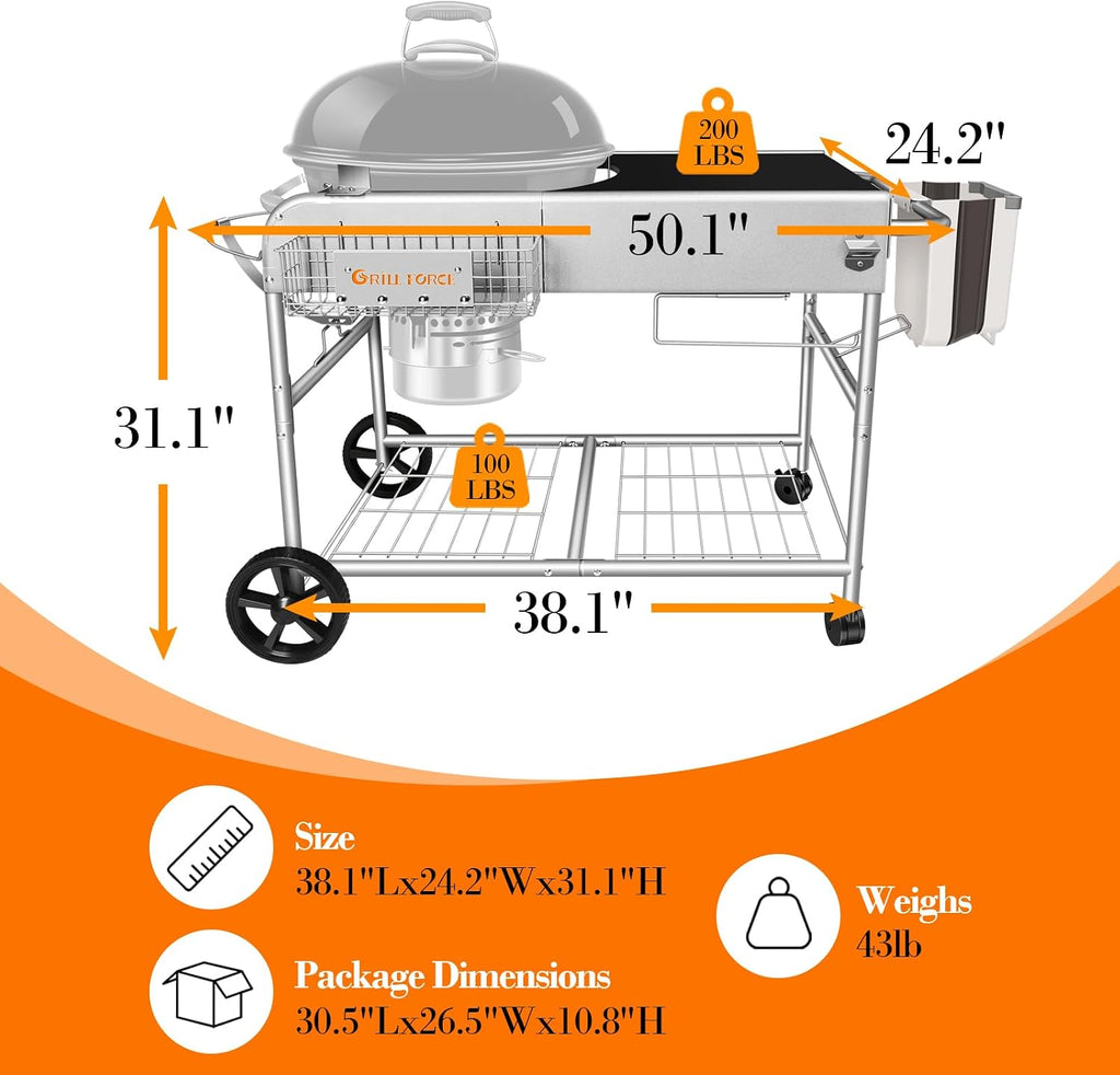 Grill Table for Weber 18' & 22' Original Kettle,Kettle Grill Cart,Outdoor Prep Table for Weber Original Kettle,Jumbo Joe,Master-Touch Charcoal Grill,Performer Charcoal Grill Accessories