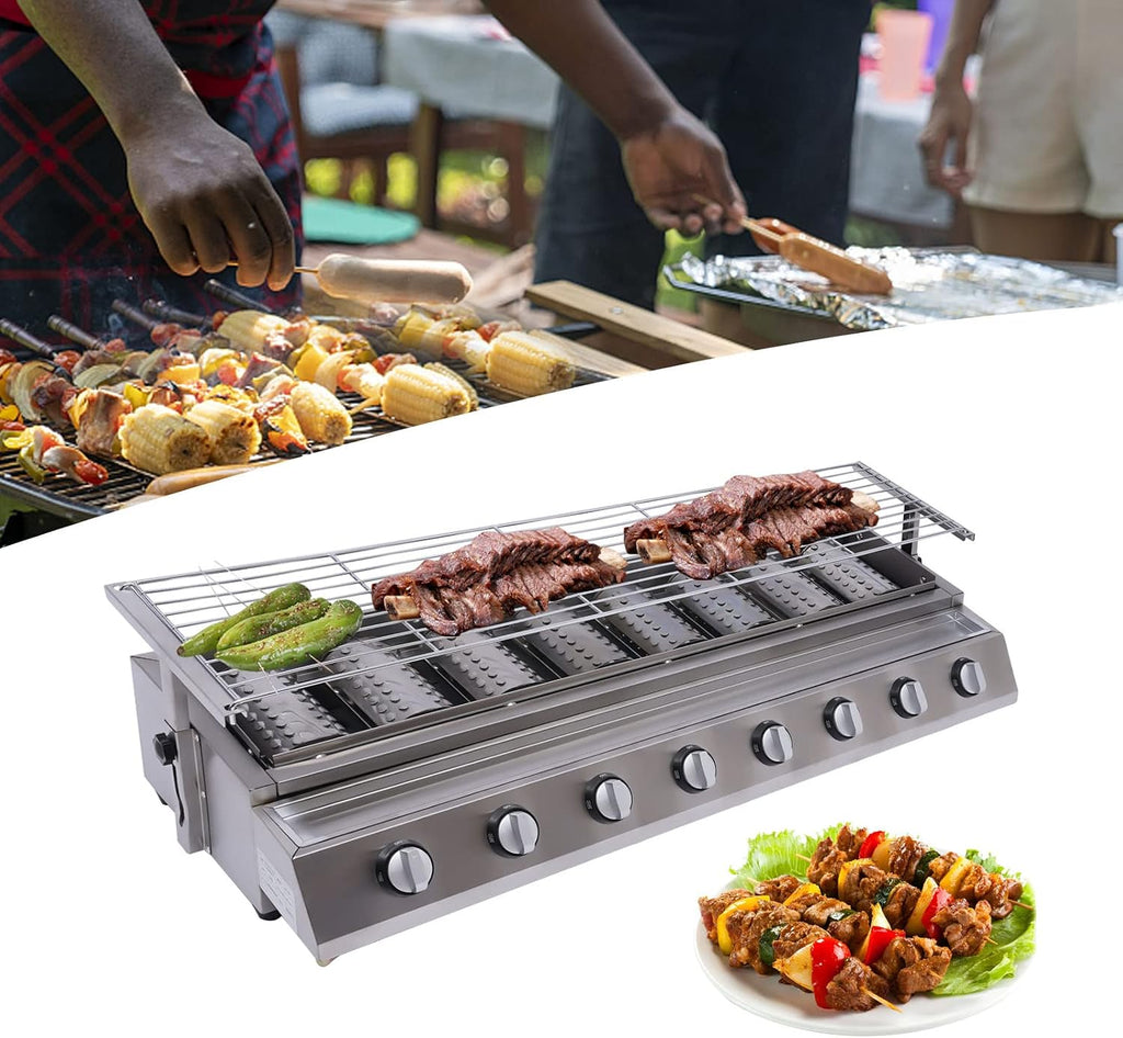 8-Burner Gas Grill Portable LPG Stove, Tabletop BBQ Grill Stainless Steel Korean BBQ Grill for Outdoor Cooking Camping, Height Adjustable, Stainless Steel Griddle