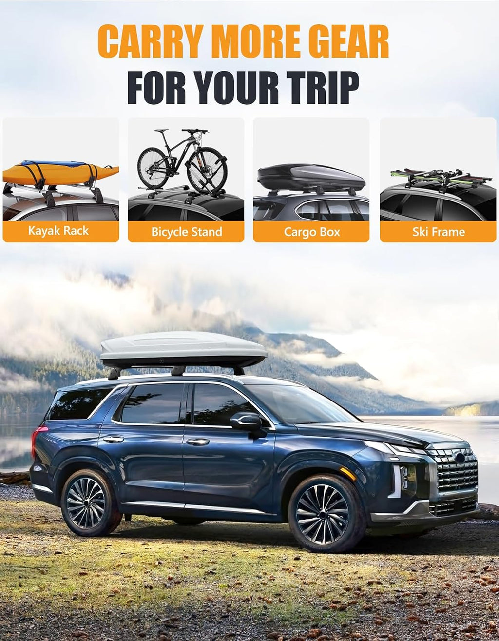 KINGGERI 330lbs Lockable Roof Rack Cross Bars Compatible with Hyundai Palisade 2019-2025 SE SEL XRT Limited Calligraphy, Heavy Duty Anti-Theft Aluminum Rails Crossbars Cargo Carrier Bag