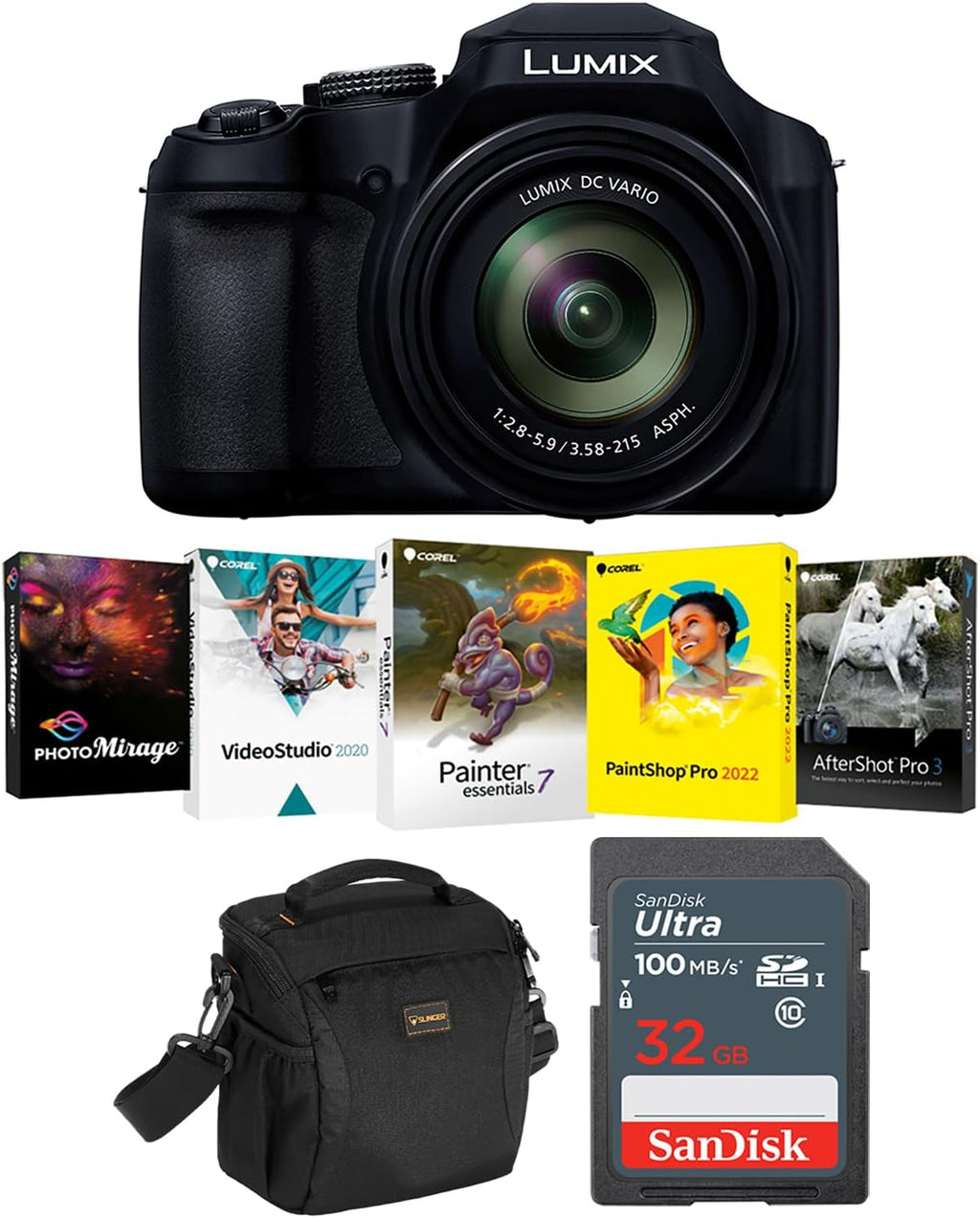 Panasonic LUMIX FZ80D 18.1MP Digital Camera | 4K Video, 60x Optical Zoom Point & Shoot | Bundle w/ 32GB SD Card, Shoulder Bag, Software Kit | Panasonic 1-Year Limited Warranty