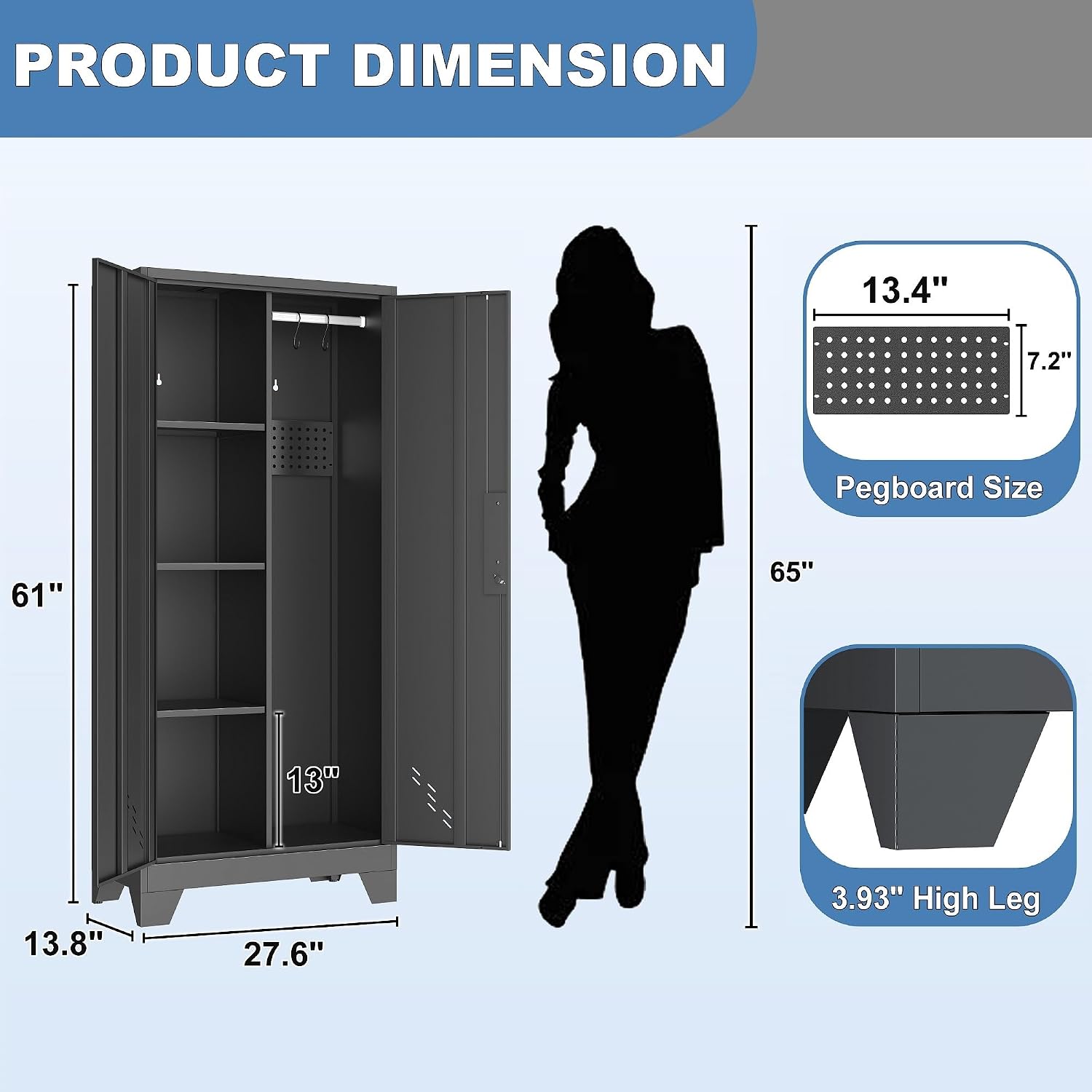 VASAAOSD 61' Broom Closet Storage Cabinet, Metal Storage Cabinet with Doors, Utility Cabinets for Brooms and Mops, Cleaning Tool Cabinets for Garage, Laundry Room, Bathroom