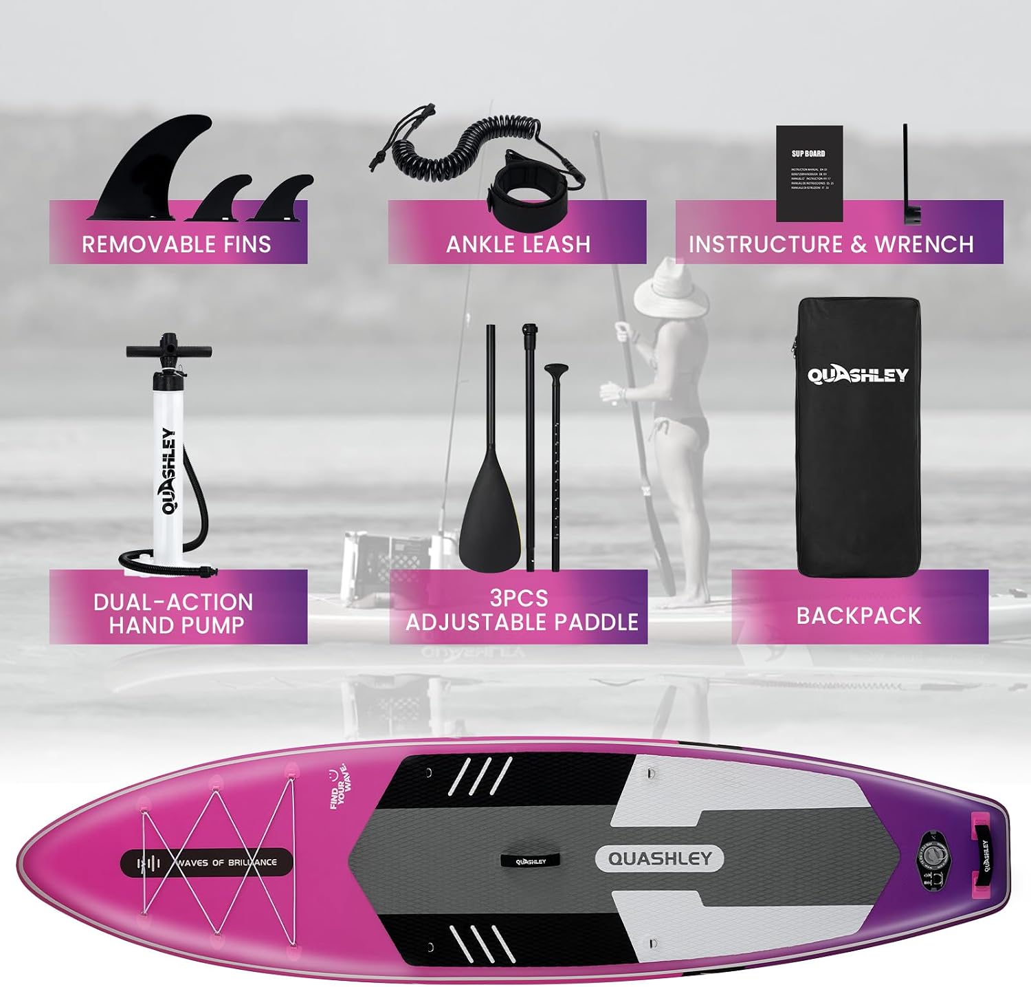 Quashley Inflatable Stand Up Paddle Board,Inflatable Paddleboards 32/34 Inch Wide,All Around SUP for Beginners with Lightweight Paddle,Hand Pump,Backpack,Leash,Durable & Portable iSUP Board