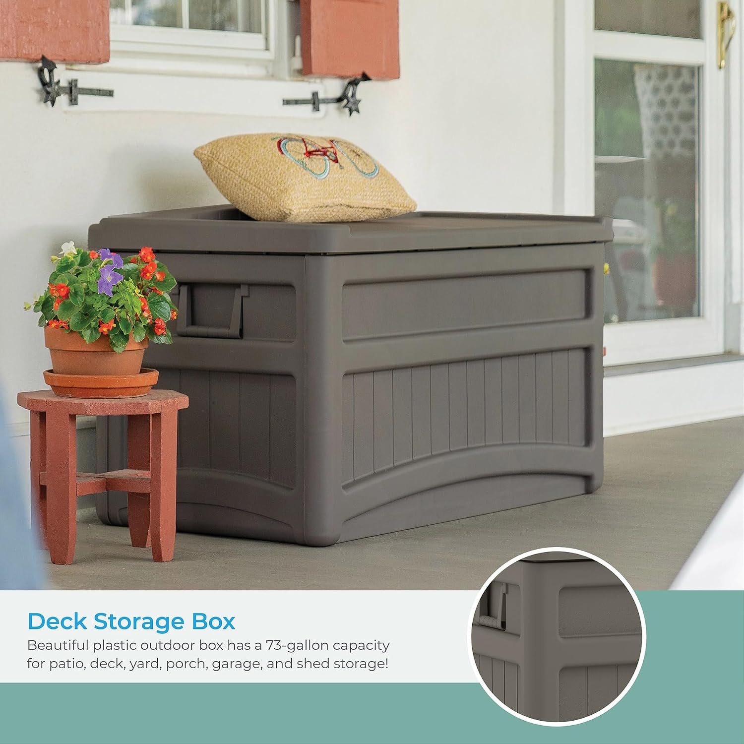 Suncast Outdoor Storage Box - 73 Gallon Stoney Resin Deck Box with Wheels, Handles, and Seat, Heavy-Duty Indoor/Outdoor Storage Bench for Patio Cushions, Shoes, Pool & Garden Gear