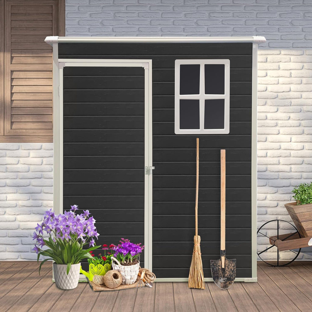 JT 5 x 3 FT Resin Outdoor Shed, Waterproof Storage Shed with Floor, Lockable Door, and Window, Garden Sheds for Backyard, Lawn, Tools (Black)
