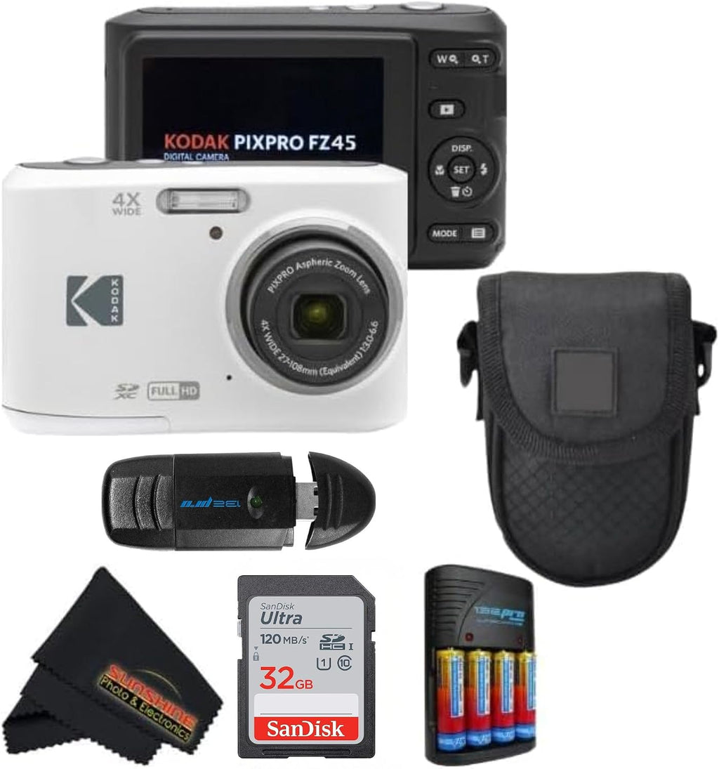 KODAK PIXPRO FZ45 16MP CMOS Sensor Digital Camera 5X Optical Zoom with Sunshine Photo Microfiber Cleaning Cloth (Advanced Bundle, White)