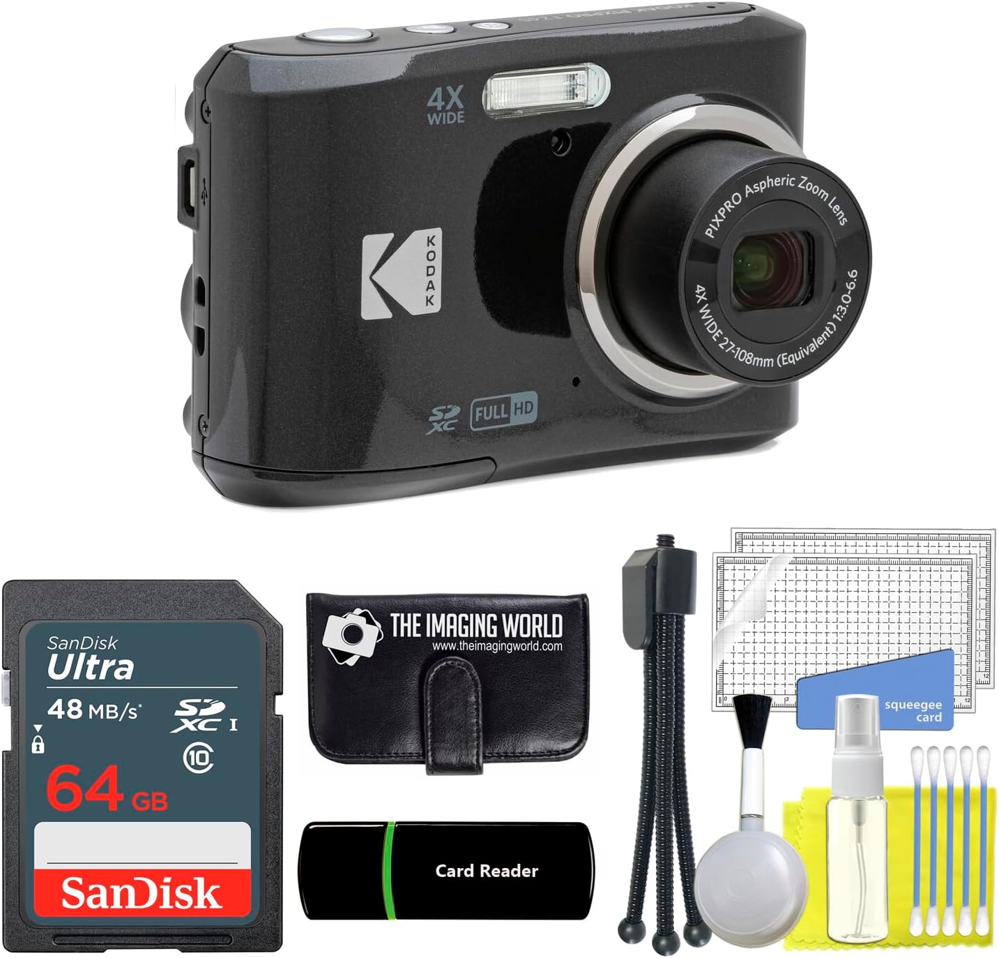 Kodak PIXPRO FZ45 16MP Digital Camera 4X Optical Zoom 27mm Wide Angle 1080P Full HD Video 2.7' LCD Camera (Black) + 64GB Card and Reader + Memory Wallet + Tripod + Cleaning Bundle